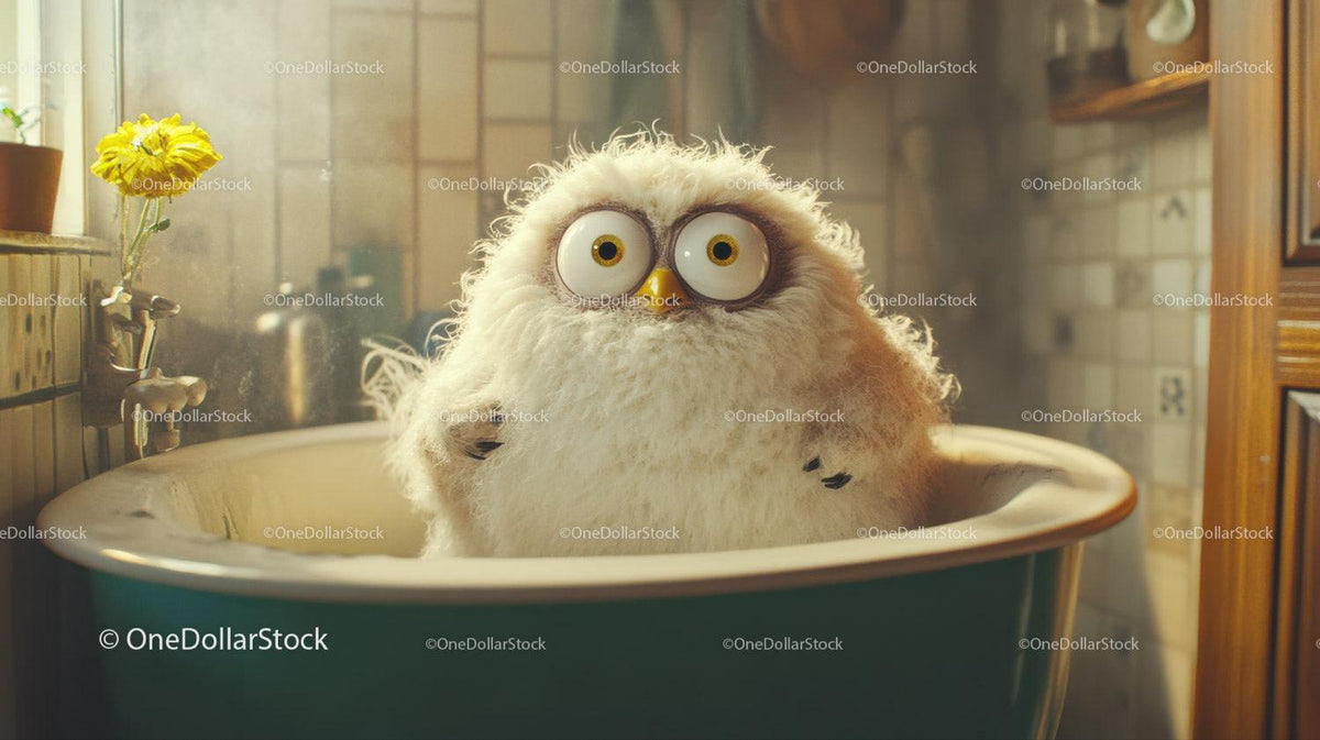 Fluffy white owl with big eyes sitting inside a vintage green bathtub