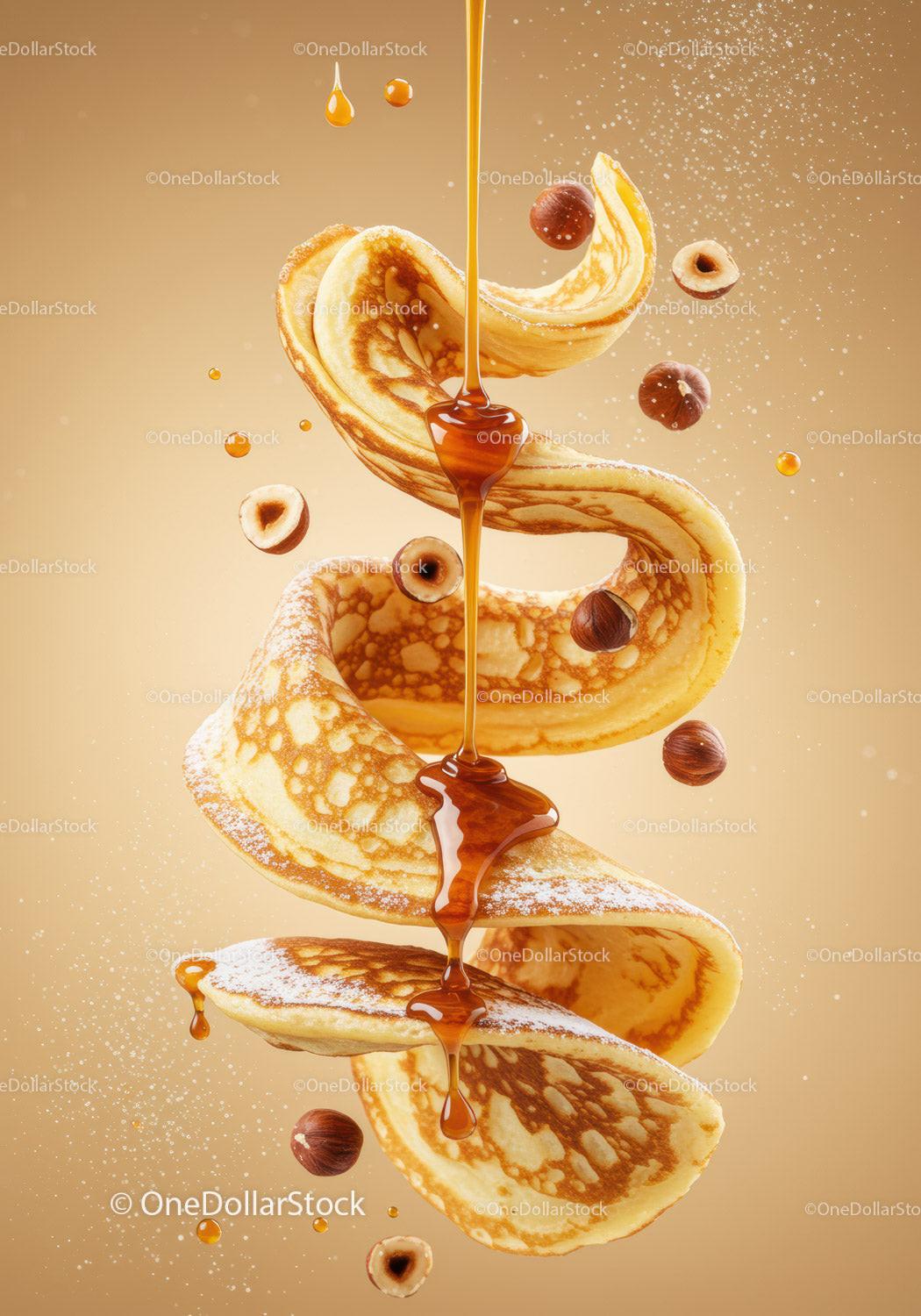 Swirling Pancakes with Hazelnuts and Maple Syrup Drizzle
