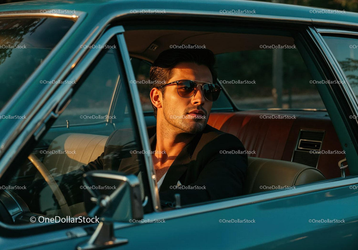 Stylish Man in Sunglasses Sitting in Classic Vintage Car at Sunset Stock Photo Bundle preview 8