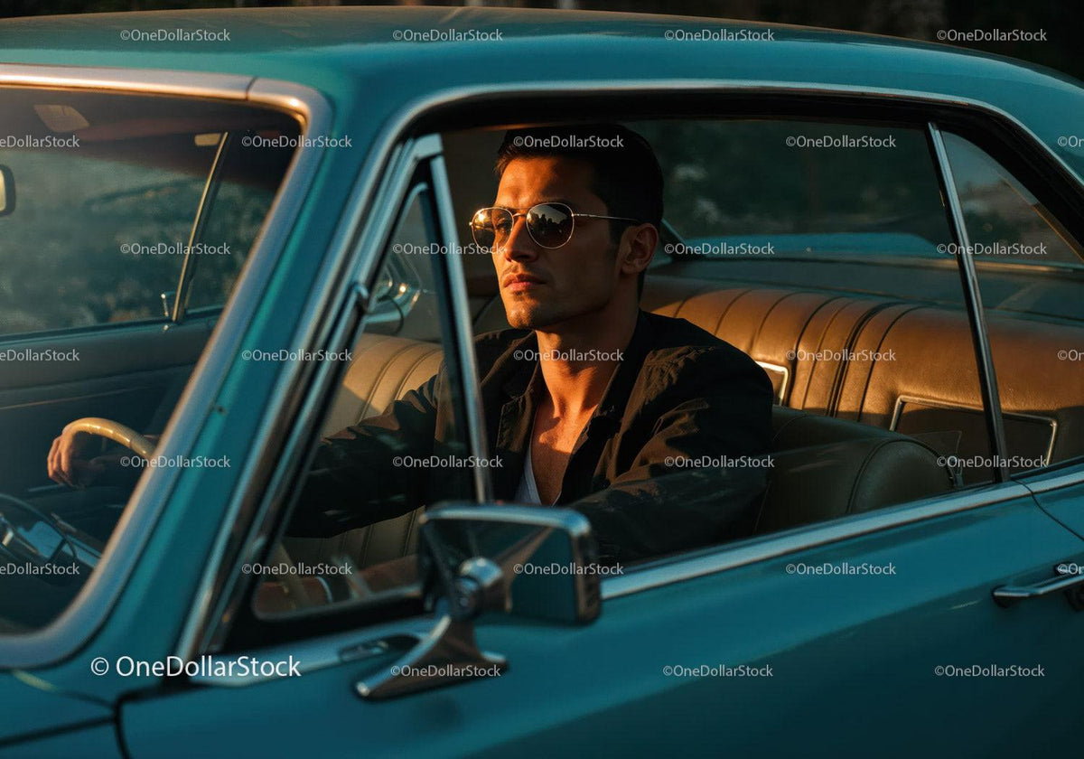 Stylish Man in Sunglasses Sitting in Classic Vintage Car at Sunset Stock Photo Bundle preview 42
