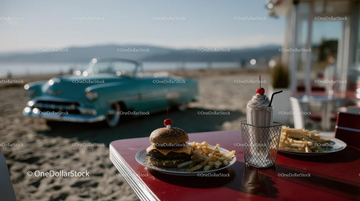 Beachside Cheeseburger French Fries and Milkshake with Classic Car Stock Photo Bundle preview 54