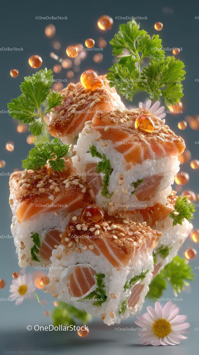 Fresh Salmon Nigiri Sushi with Sesame Seeds and Edible Flowers