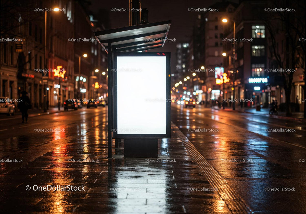 Nighttime Rainy City Street with Bus Stop Shelter and Bright Lights JPG Mockup Image preview