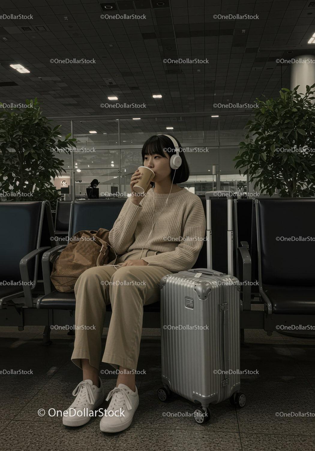Young Woman Sitting with Suitcase Drinking Coffee at Airport Waiting Area
