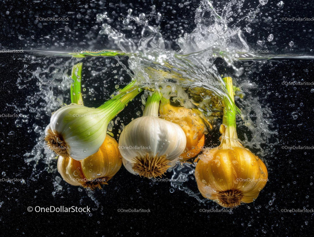 Fresh Garlic Bulbs and Yellow Onions Underwater Splash
