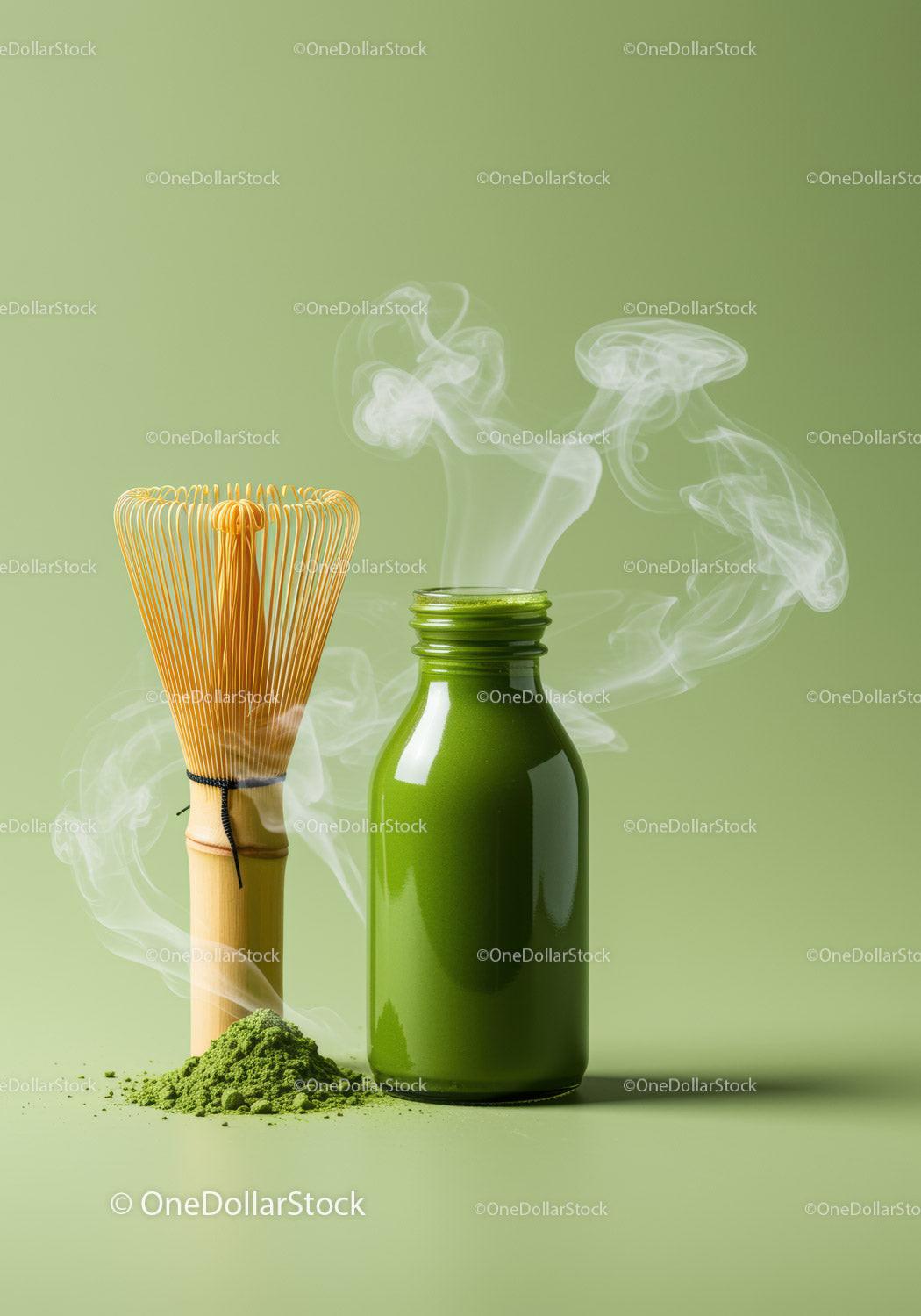 Fresh matcha green tea powder and whisk on green