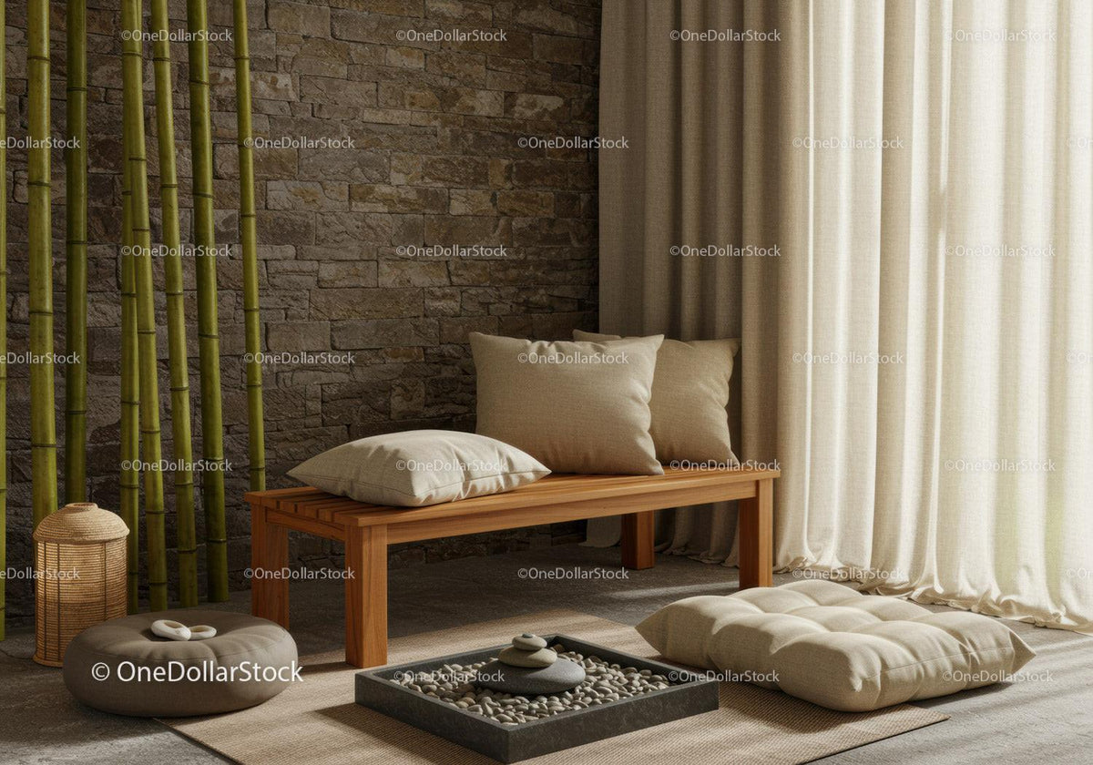 Tranquil Zen seating area with natural textures and bamboo