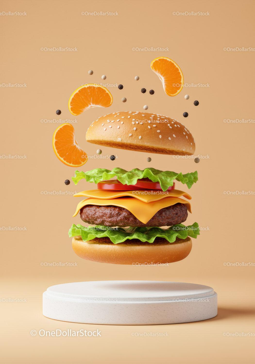 Floating cheeseburger with fresh vegetables and citrus slices