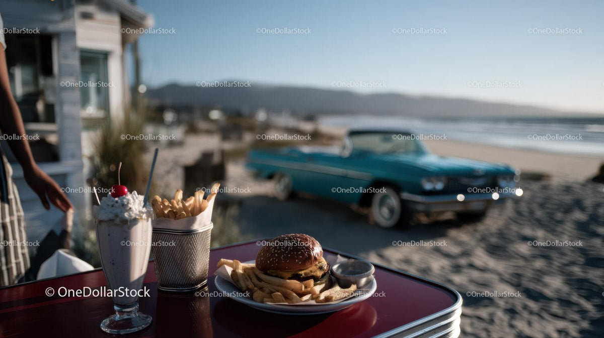 Beachside Cheeseburger French Fries and Milkshake with Classic Car Stock Photo Bundle preview 59