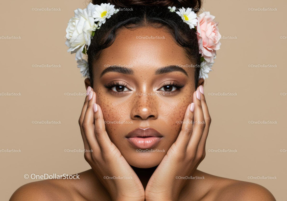 Beautiful woman with floral crown and glowing skin for skincare advertisement