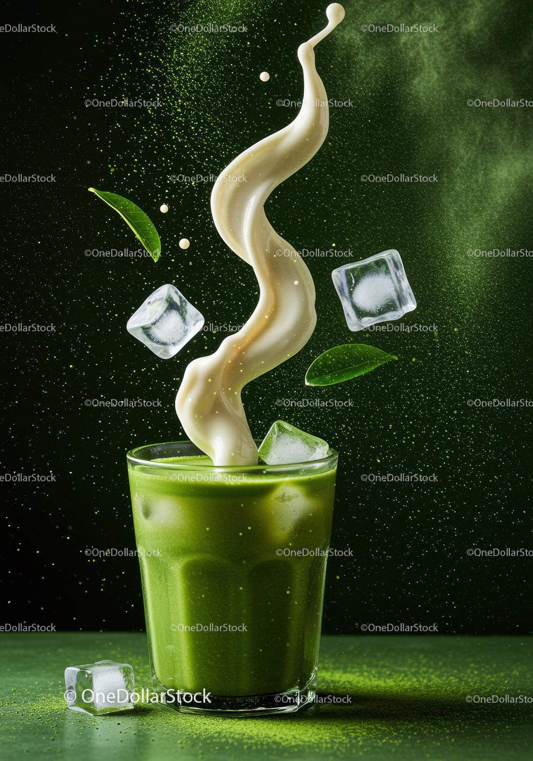 Iced Matcha Green Tea Latte with Cream Swirl and Ice Cubes