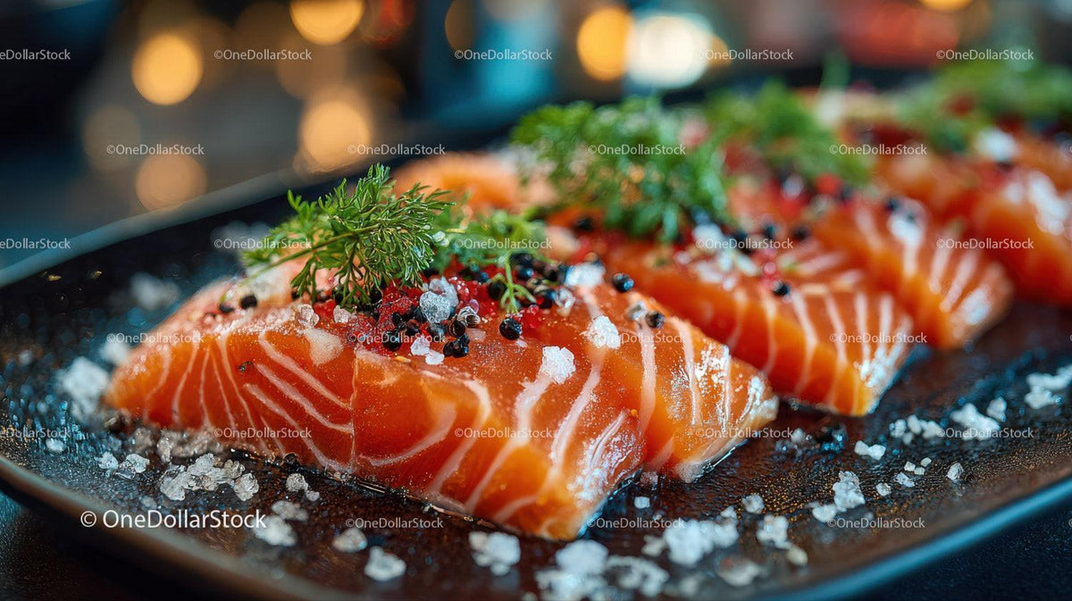 Fresh Sliced Smoked Salmon with Herbs and Sea Salt on Black Plate Stock Photo Bundle preview 17