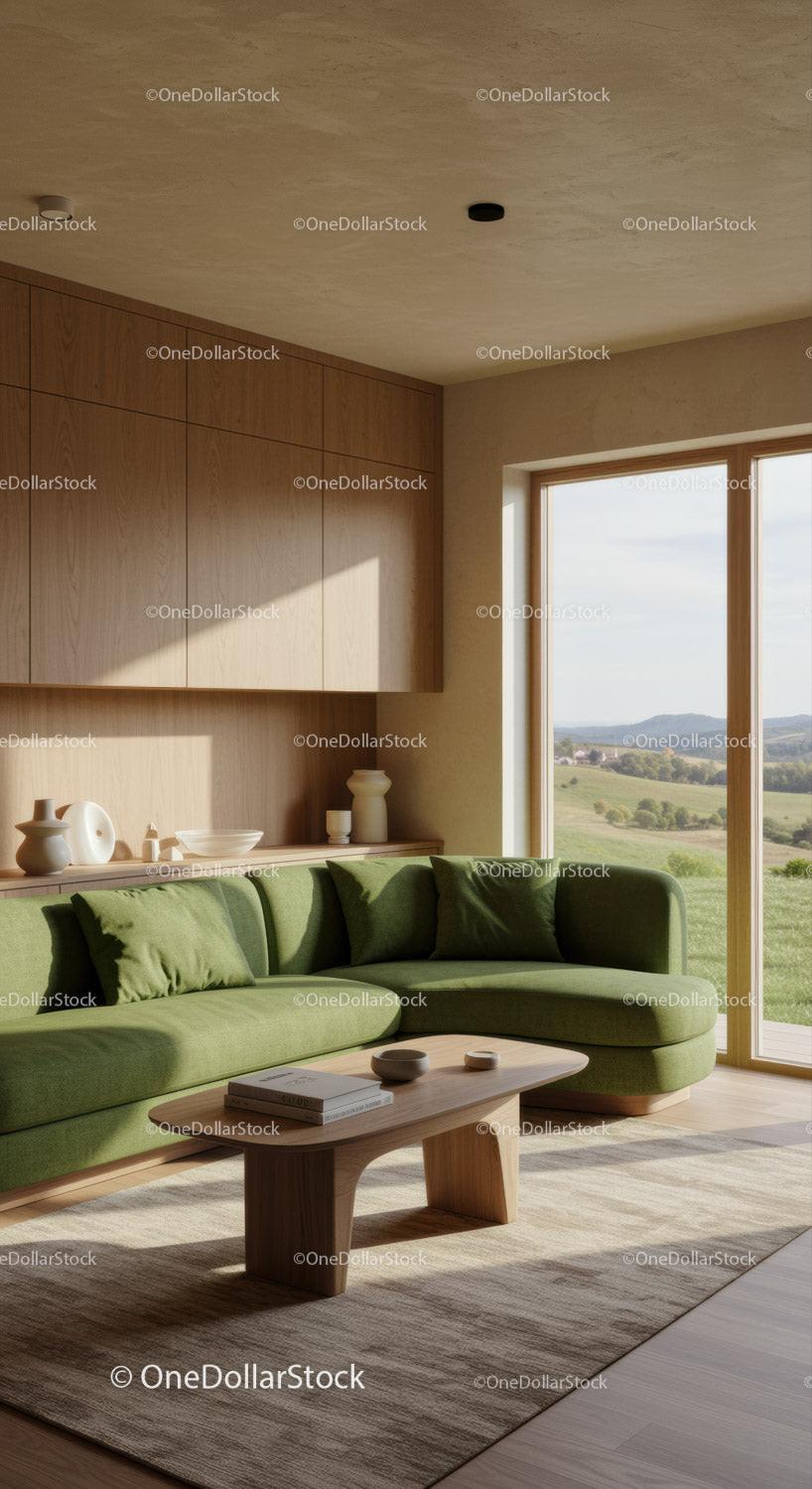 Cozy modern living room with green sofa and natural light