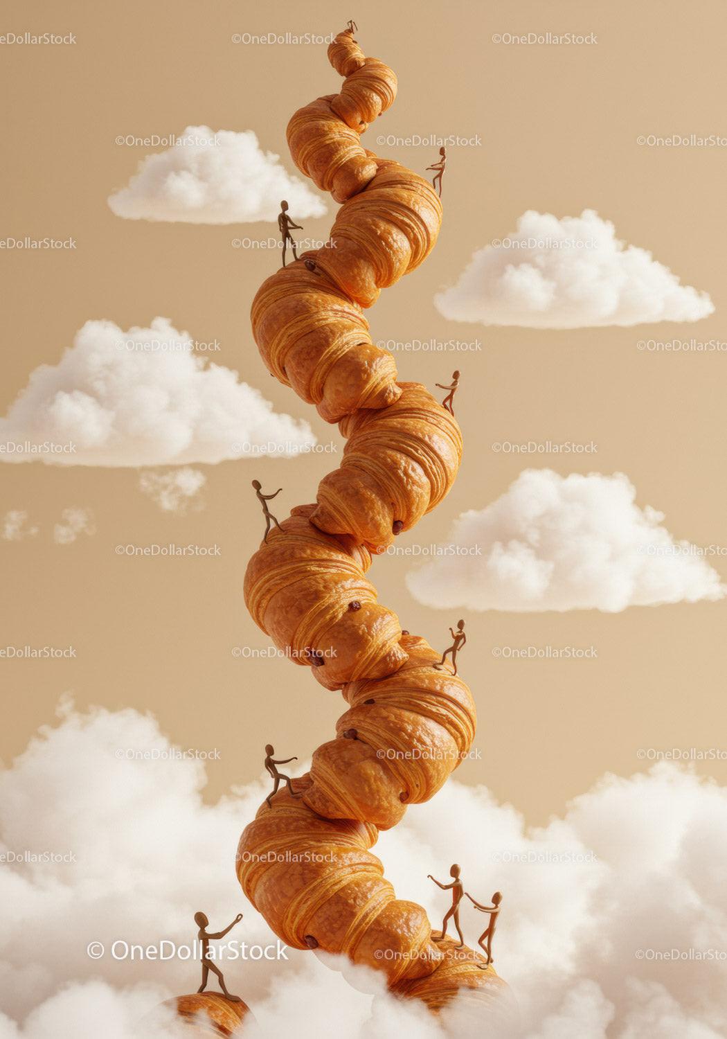Tiny figures climbing towering spiral croissants in clouds
