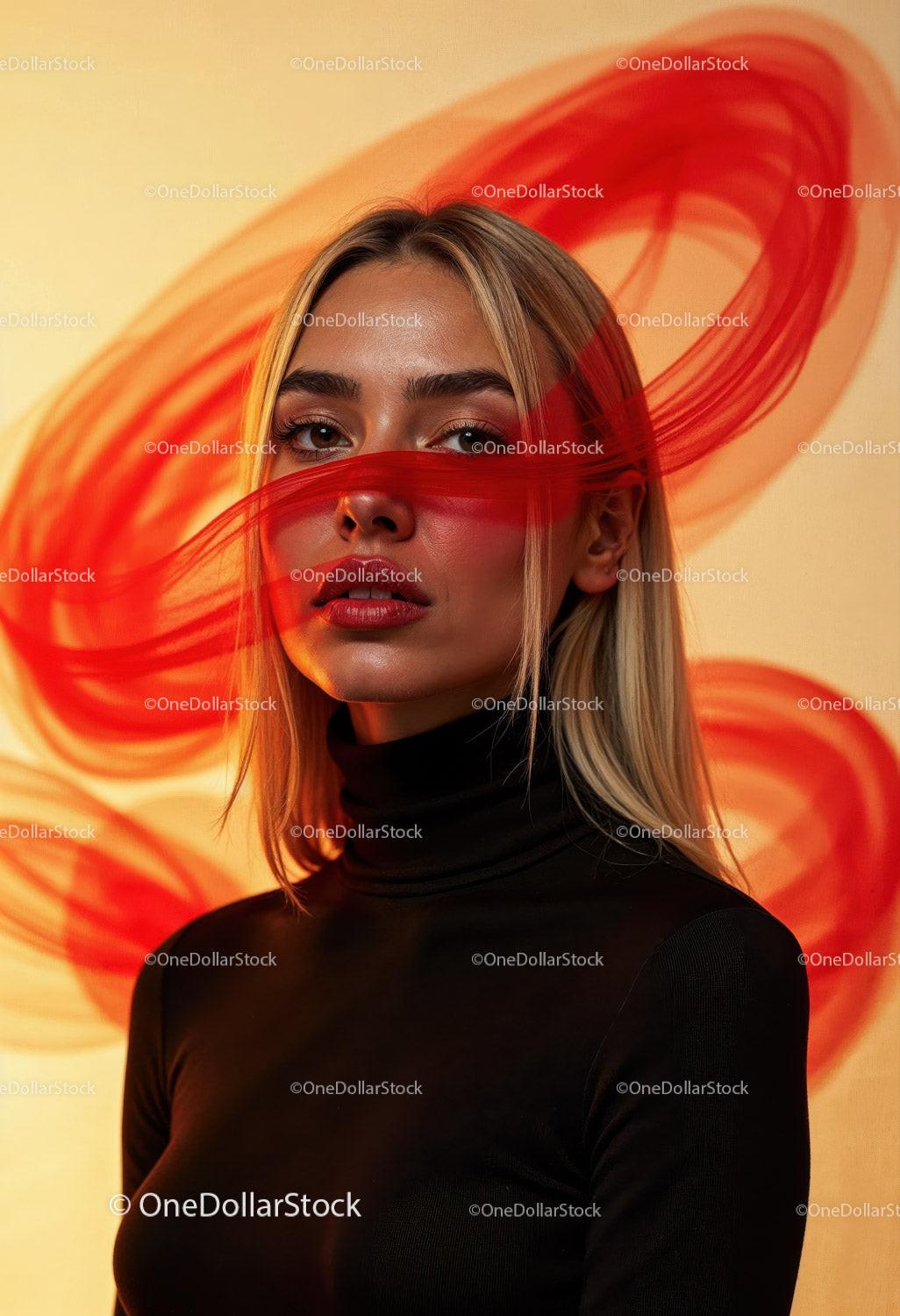 Creative Artistic Makeup Portrait with Red Face Paint and Blonde Hair Stock Photo Bundle preview 14