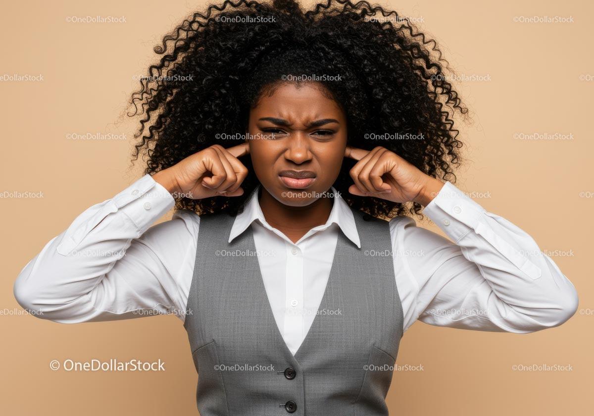 Young Woman Covering Ears Showing Frustration with Loud Noise