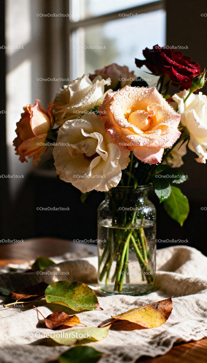 Delicate roses with water droplets in glass vase indoors