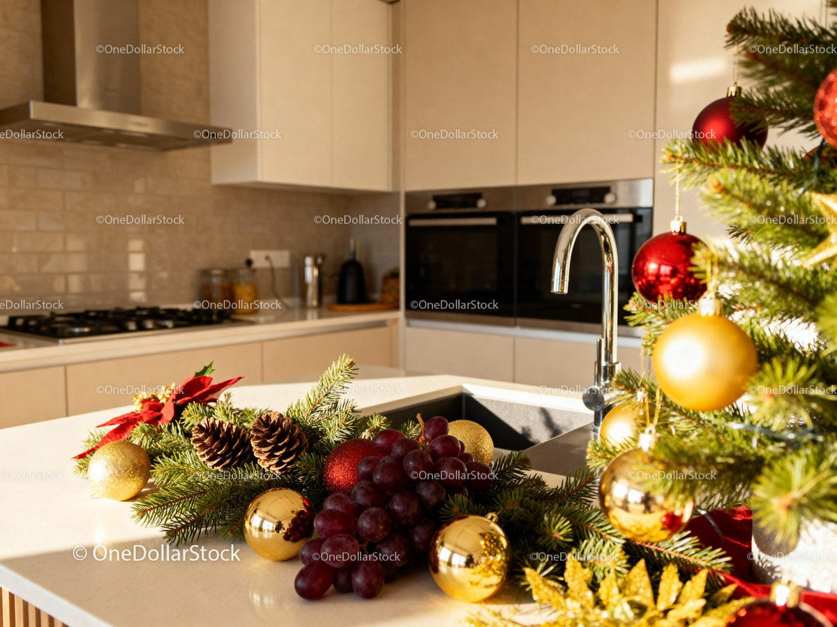 Festive Christmas decorations on modern white kitchen island