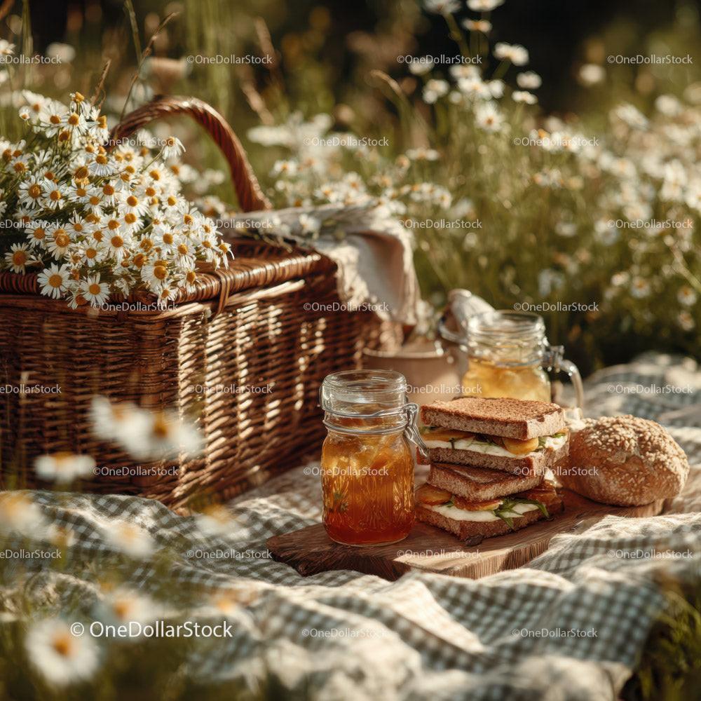 Rustic Bread Basket with Milk Jars and Daisy Flowers in Outdoor Setting Stock Photo Bundle preview 19
