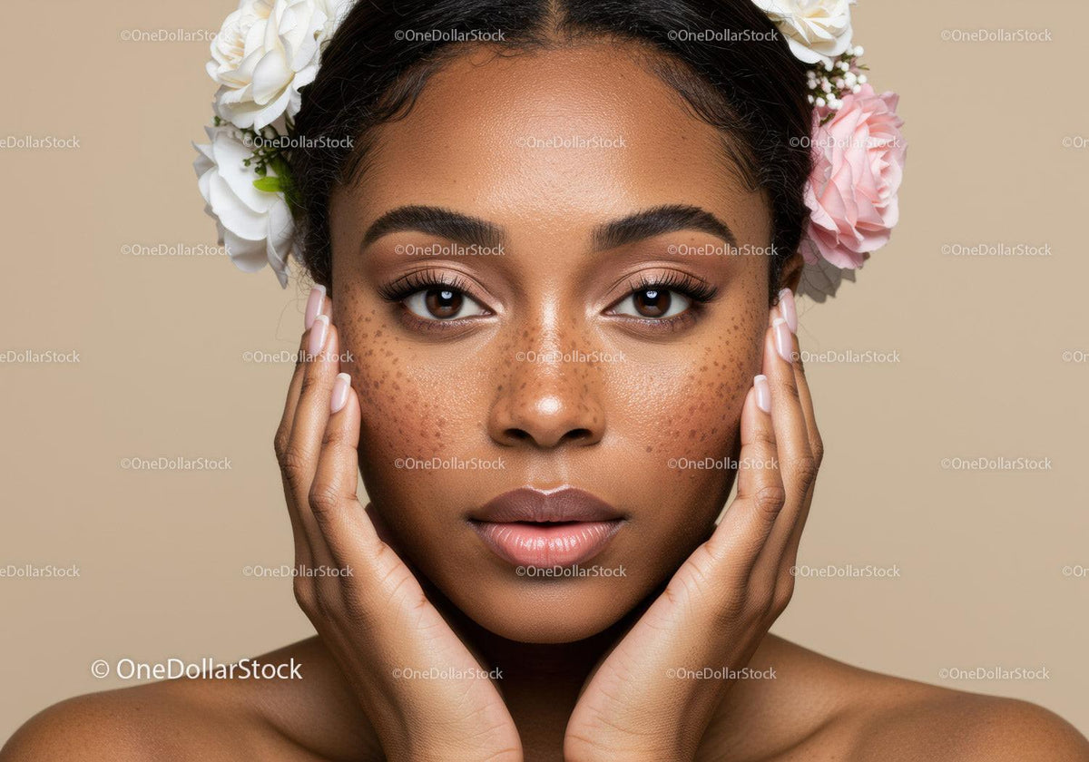 Close-Up Portrait of a Woman with Floral Crown and Freckles