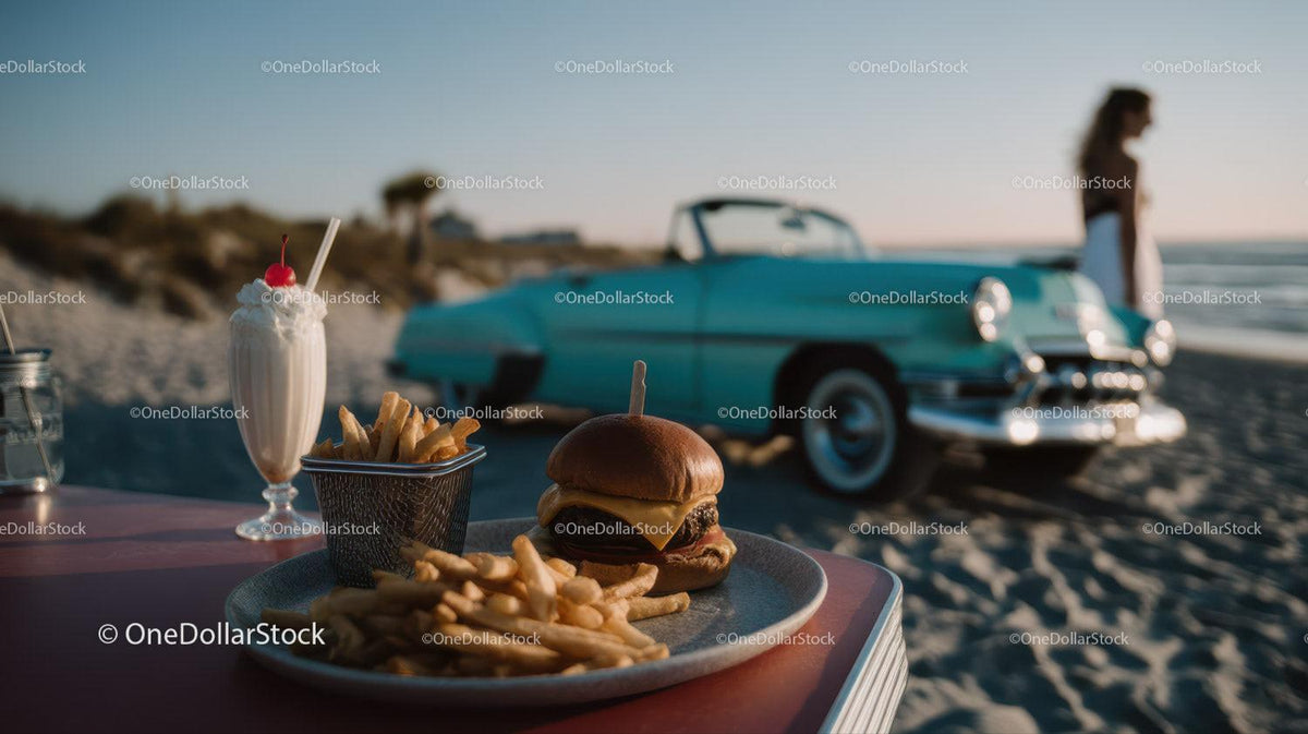 Beachside Cheeseburger French Fries and Milkshake with Classic Car Stock Photo Bundle preview 7