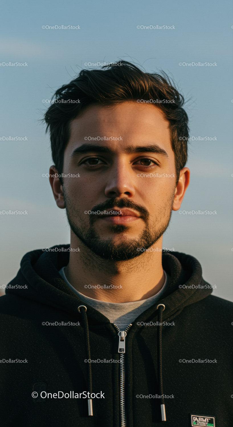 Young man with beard wearing black hoodie outdoors