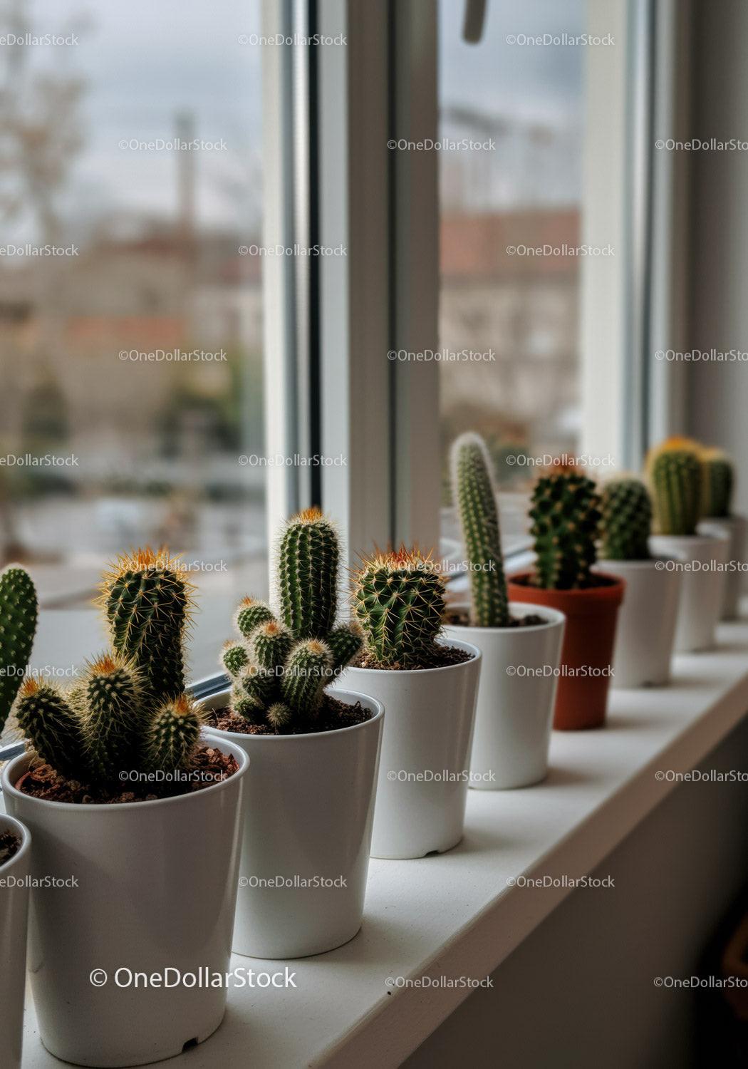 Variety of Cacti in White Pots on Windowsill for Indoor Decoration