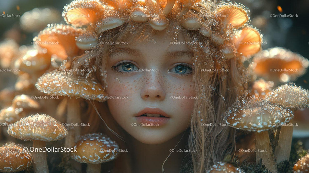 Close-up of a freckled face with blue eyes surrounded by orange mushrooms with dewy surfaces