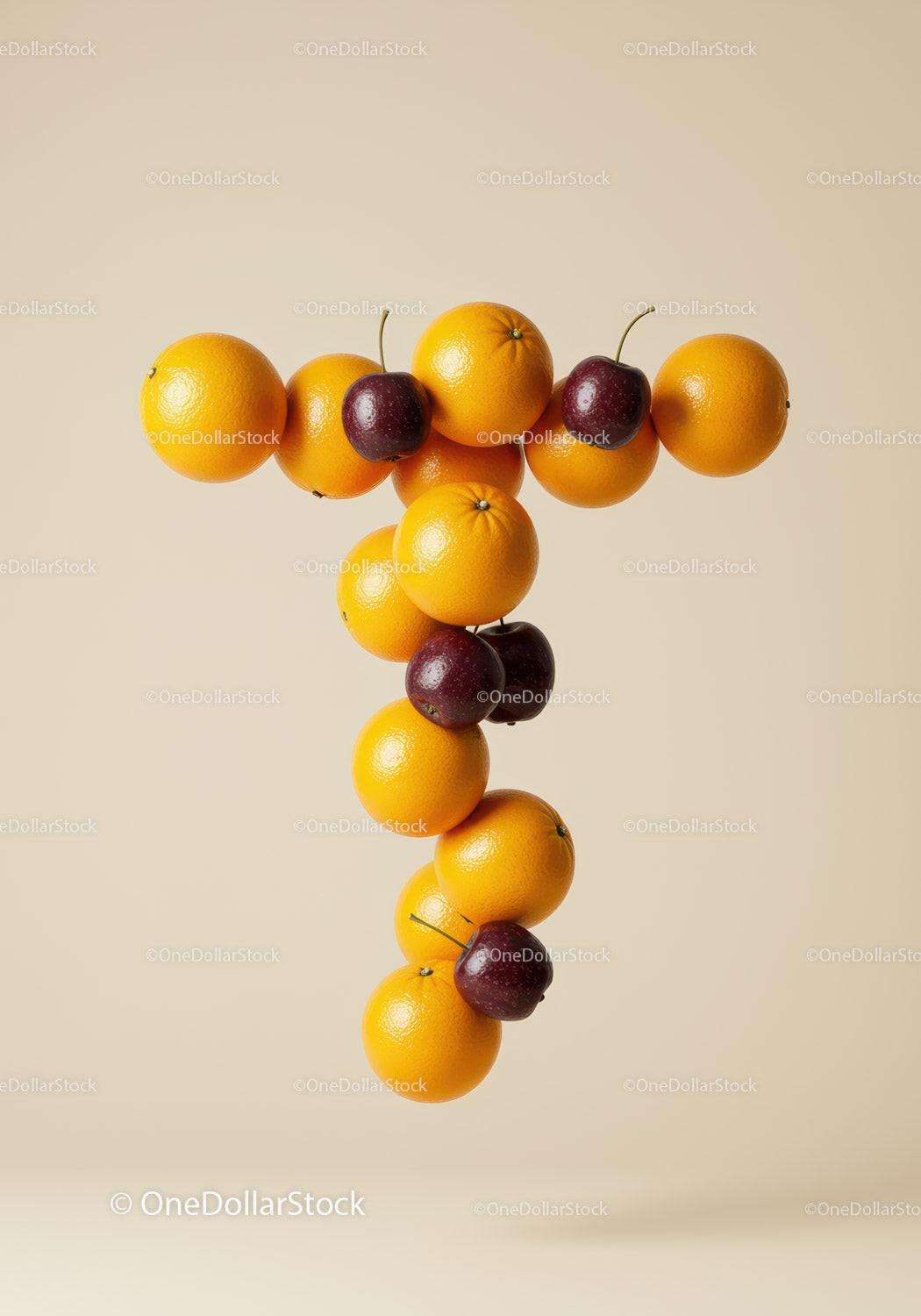 Creative Arrangement of Oranges and Cherries Forming Letter T