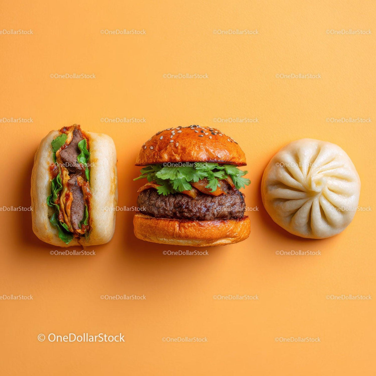 Gourmet Burger with Lettuce and Tomato Next to Grilled Steak and Dumpling Stock Photo Bundle preview 42