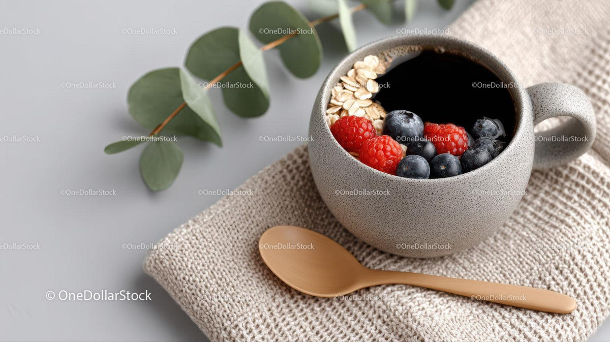 Berry and Granola Breakfast in Ceramic Mug with Coffee