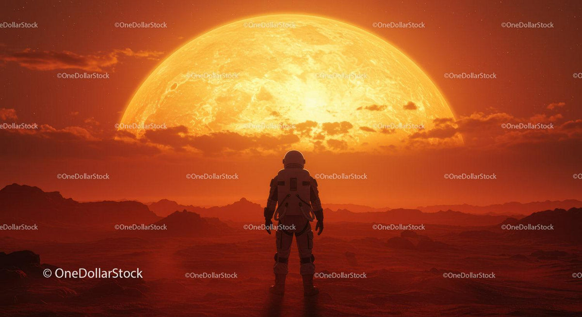 Astronaut Standing on Alien Planet with Large Sun Setting Behind Stock Photo Bundle preview 28