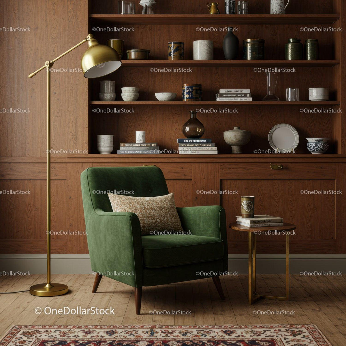 Cozy green armchair with stylish floor lamp in living room