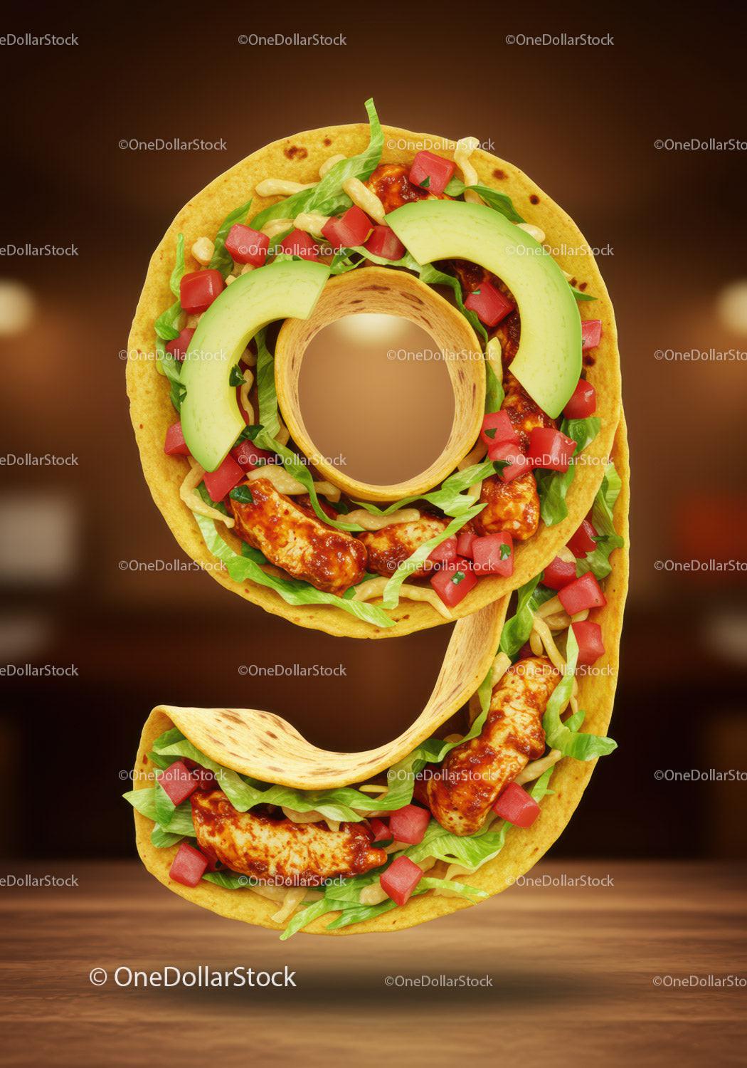 Number Nine Shaped Chicken Taco with Fresh Vegetables