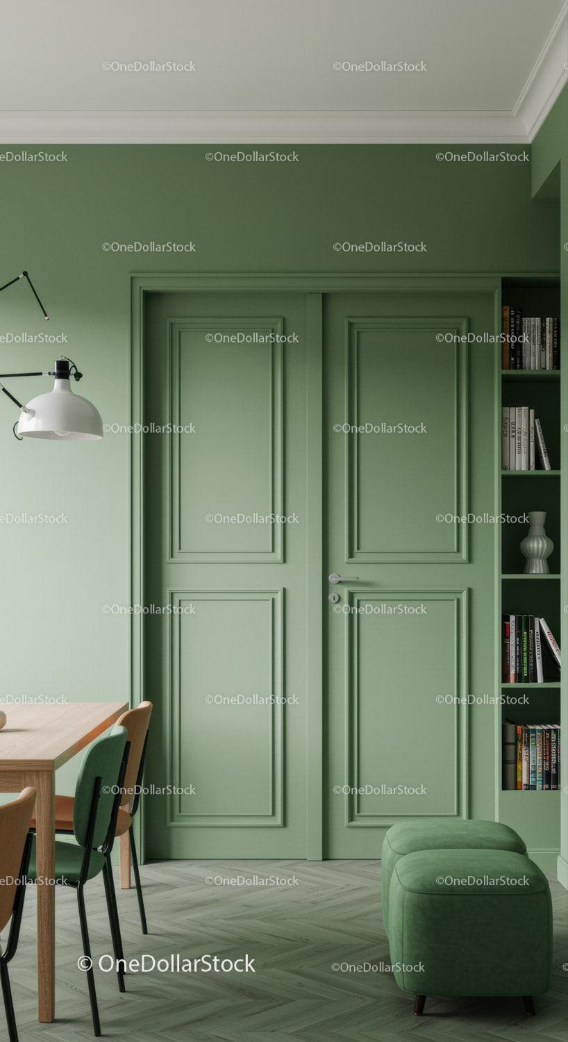 Elegant Green Interior Door with Bookshelf and Cozy Living Space