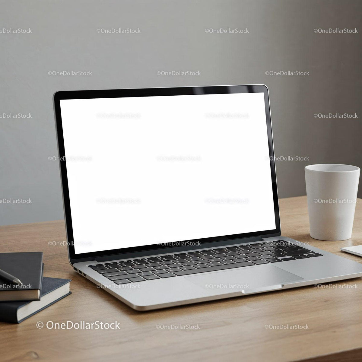 Modern laptop with blank screen on wooden desk setup JPG Mockup Image preview