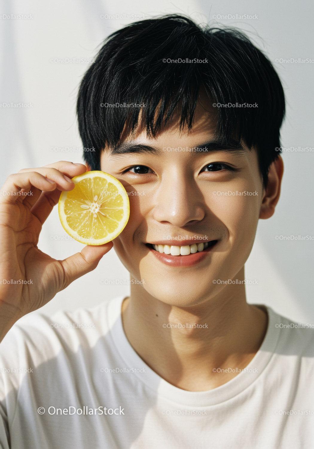 Smiling Young Man with Lemon Slice Close-up Portrait