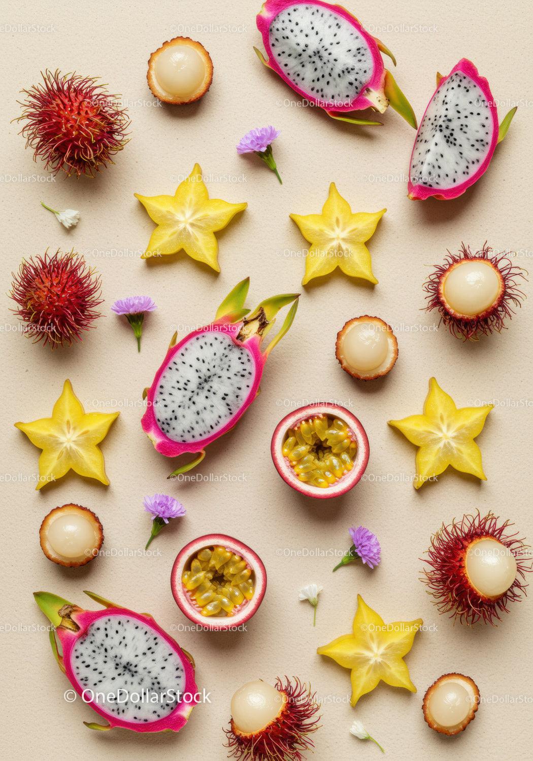 Assorted tropical fruits with vibrant colors on beige