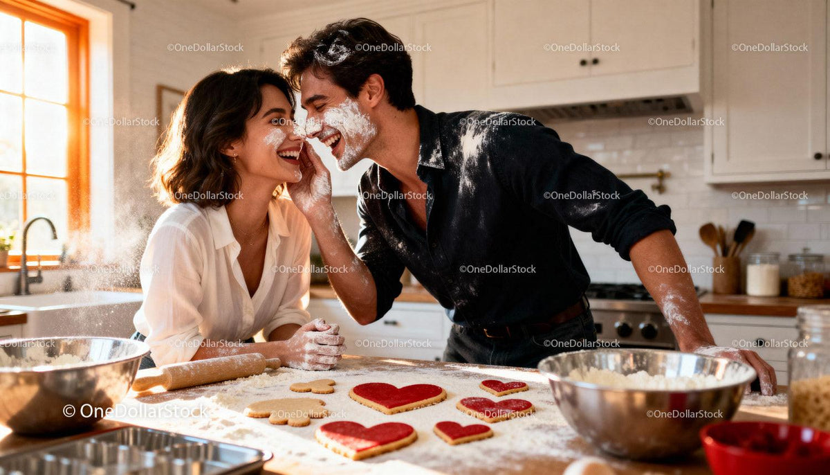 Couple Playfully Baking Valentine Cookies Together