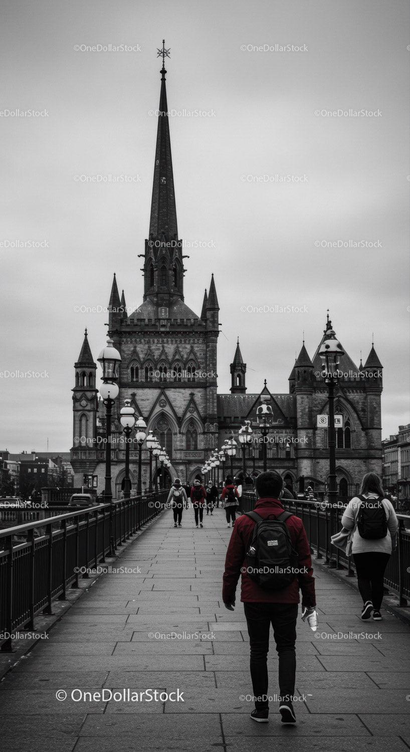 Historic Gothic Church with Tall Spire and Pedestrian Bridge in City