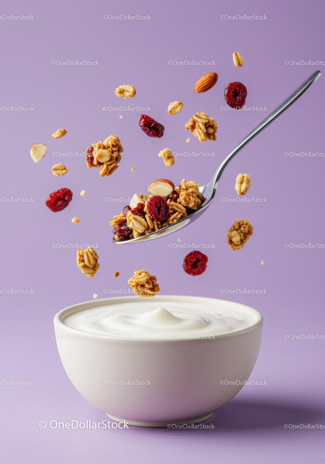 Granola and nuts falling into creamy yogurt bowl