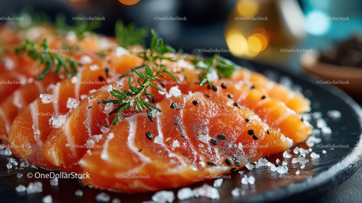 Fresh Sliced Smoked Salmon with Herbs and Sea Salt on Black Plate Stock Photo Bundle preview 30