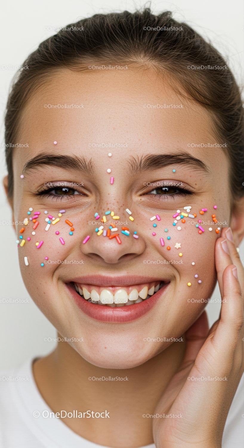 Joyful Woman with Colorful Sprinkles Face Close-Up