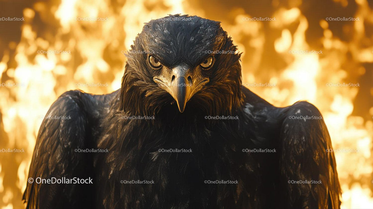 Close-up of black eagle with yellow eyes and sharp beak against flames