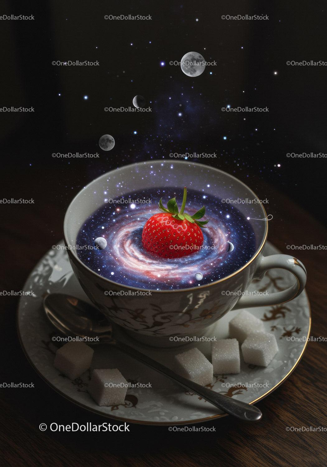 Surreal galaxy swirling in tea cup with fresh strawberry