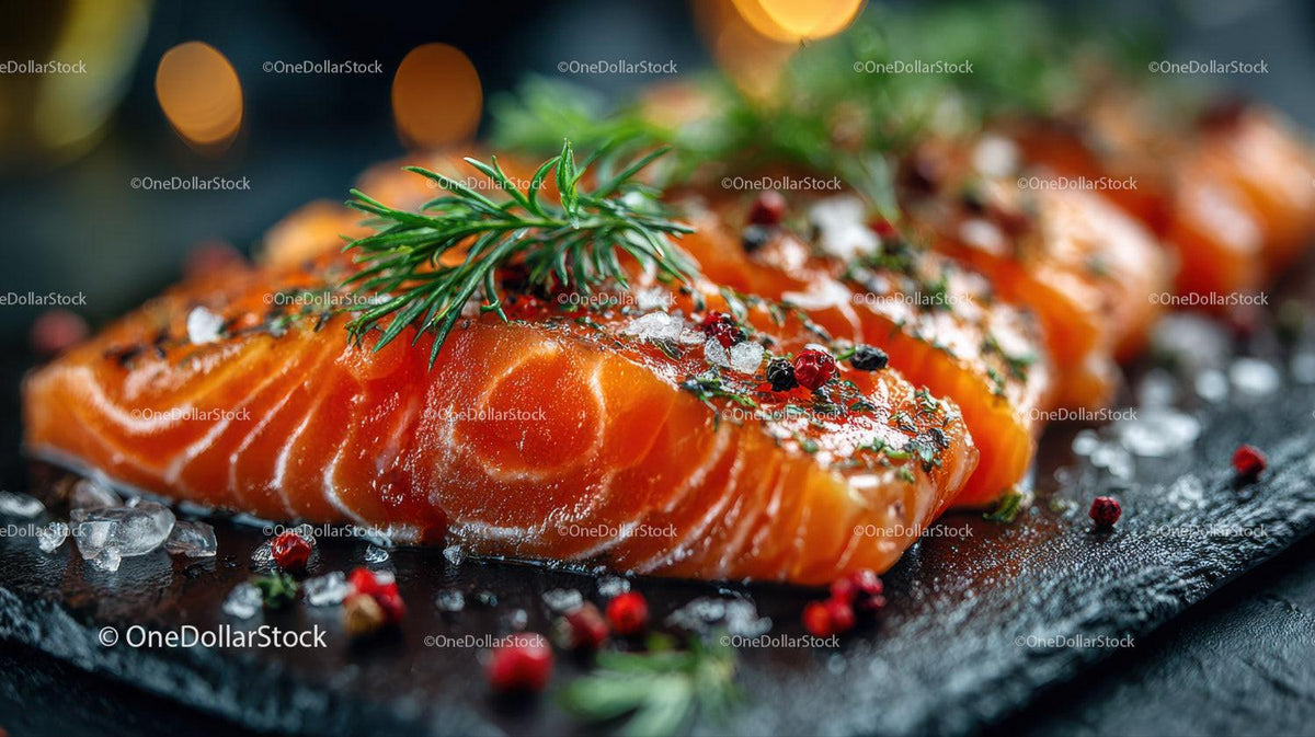 Fresh Sliced Smoked Salmon with Herbs and Sea Salt on Black Plate Stock Photo Bundle preview 31