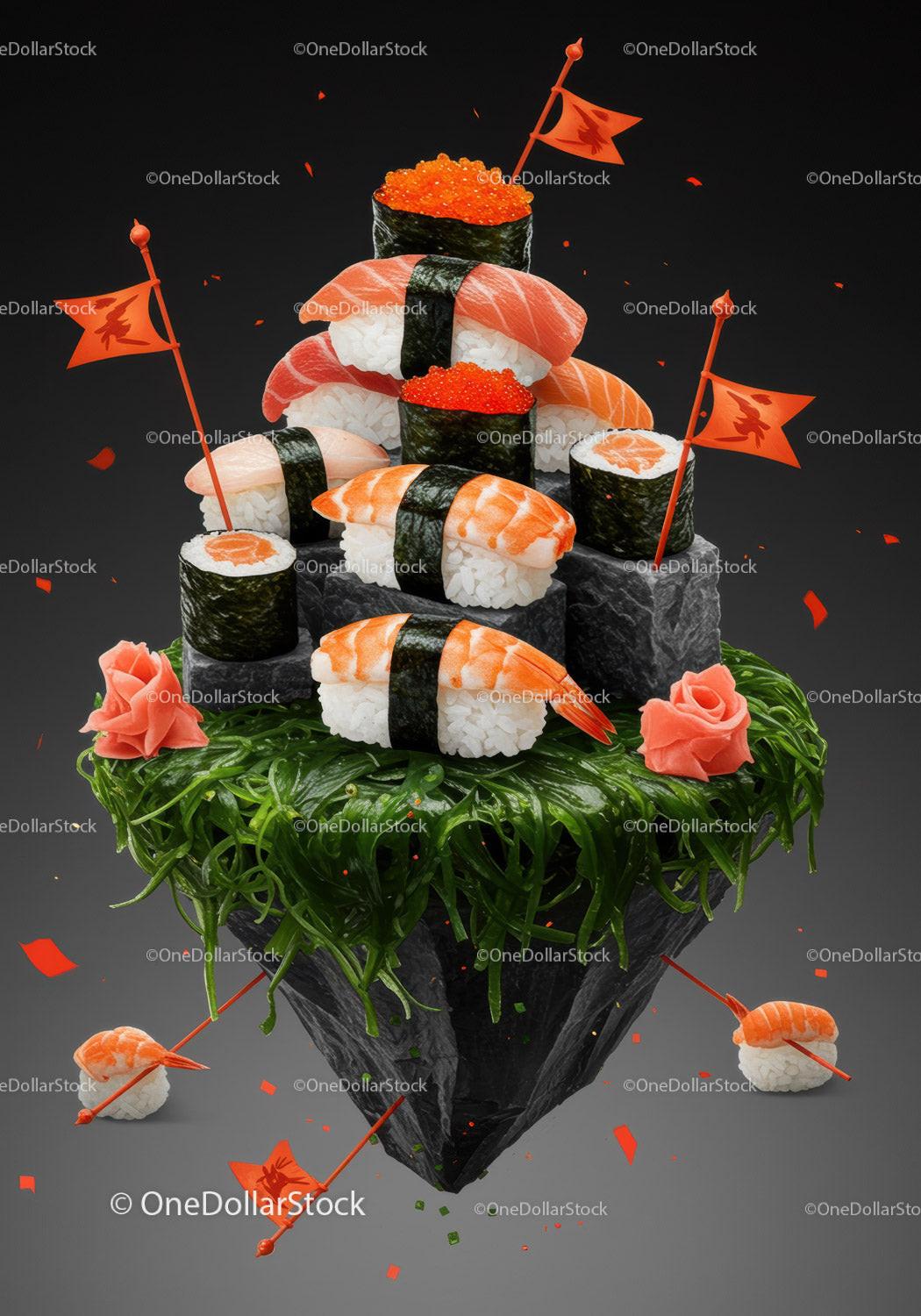 Creative sushi tower with seaweed and shrimp details