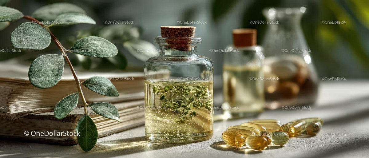 Herbal Oil in Glass Bottles with Green Leaves and Capsules