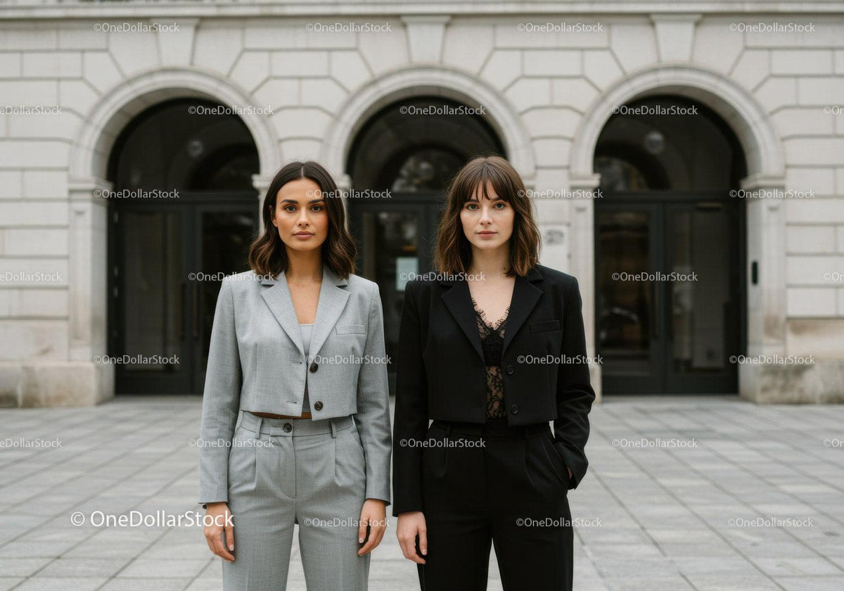 Fashionable Women Standing in Front of Historic City Building