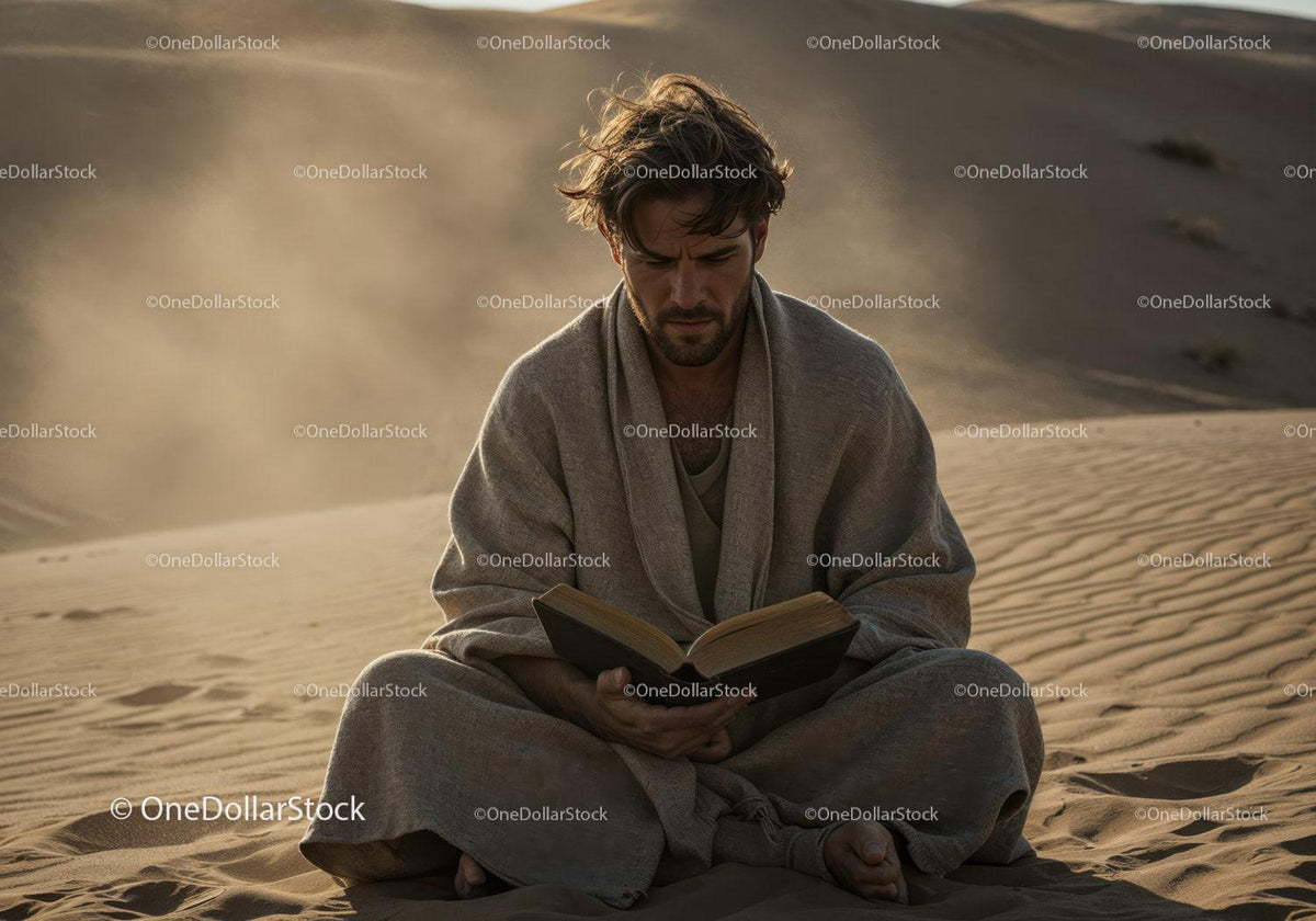 Man in Casual Clothing Reading Book in Desert During Dust Storm Stock Photo Bundle preview 18